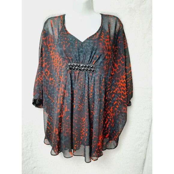 Jennifer Lopez Black red small Cheeta Print Vamp Witchy Coctail 90s Y2k  blouse - Picture 1 of 4